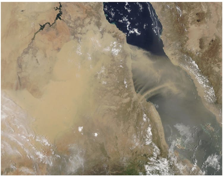 Satellite image of Sudan with large dust clouds