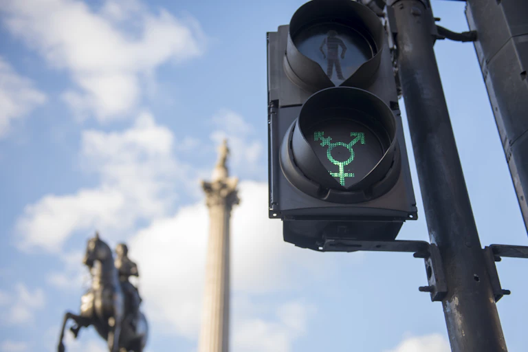 A traffic light altered so the green light flashes the symbol of gender diversity.