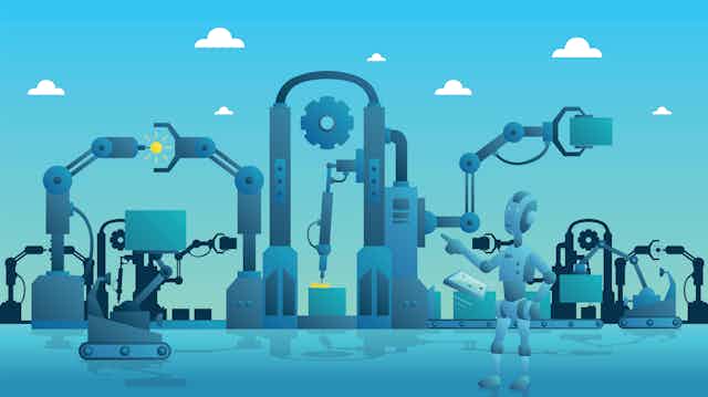 a cartoon image shows a slew of factory robots at work with a humanoid robot overseeing them