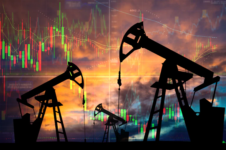 Illustration of pumpjacks in front of a data charts
