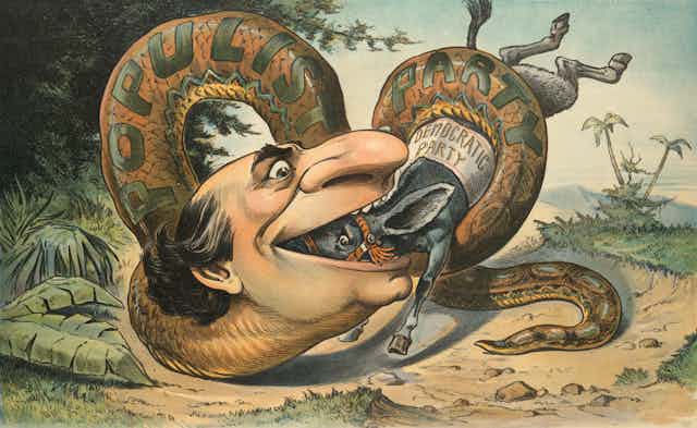 A cartoon of a man as a snake labeled 'Populist Party' swallowing a donkey labeled 'Democratic Party'