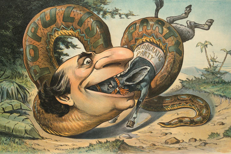 A cartoon of a man as a snake labeled 'Populist Party' swallowing a donkey labeled 'Democratic Party'