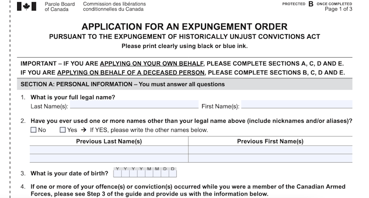Screen shot of application for an expungement order