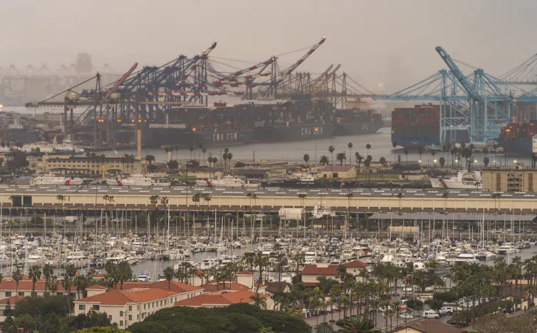 A large port on a hazy day.