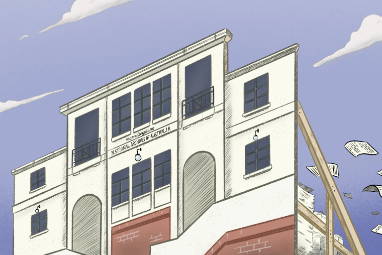 Cartoon showing the National Archives building as a stage set, with papers flying out the back of the empty building backdrop.