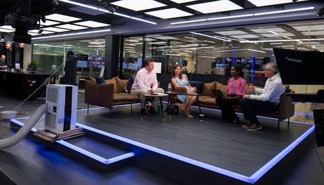 GB New presenters sit in the network's studio in Paddington, west London, June 2021.