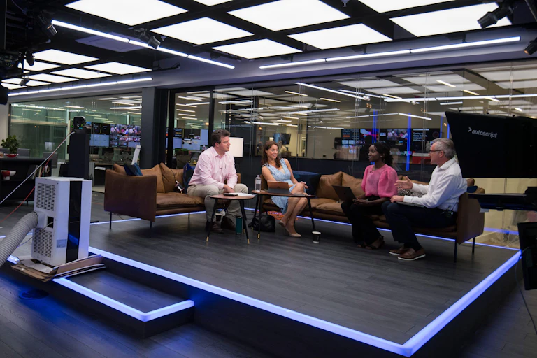 GB New presenters sit in the network's studio in Paddington, west London, June 2021.