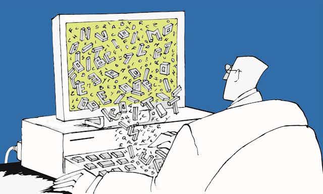 A man sitting at a computer that is spilling out letters onto his keyboard.