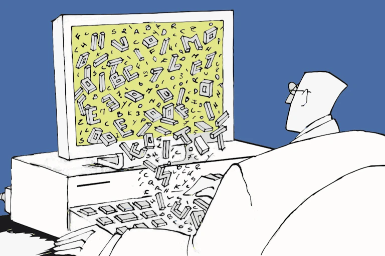 A man sitting at a computer that is spilling out letters onto his keyboard.