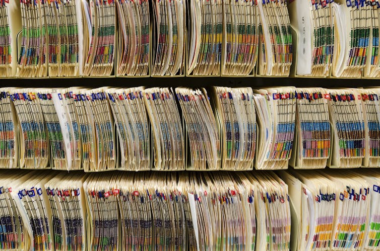 Shelves containing medical files