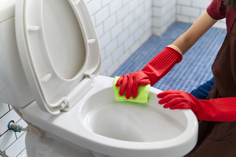 Mujer con guantes de fregar rojos y bayeta limpia inodoro.