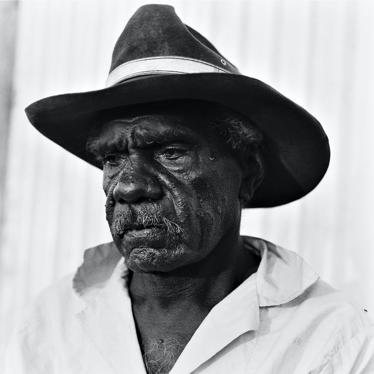 Hobbles Danayarri, photographed in 1980 by Håkan Ludwigson. This portrait was published in Ludwigson's book Balls and Bulldust, featuriing images of life on cattle stations in the Northern Territory.