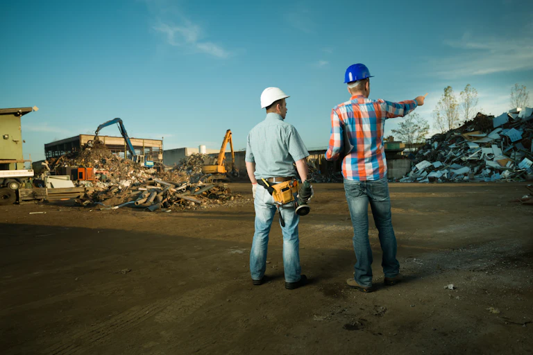 Two men in hard hats look out over a construction waste recycling centre