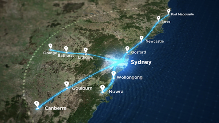 Map showing routes of four fast rail lines between Sydney and regional NSW