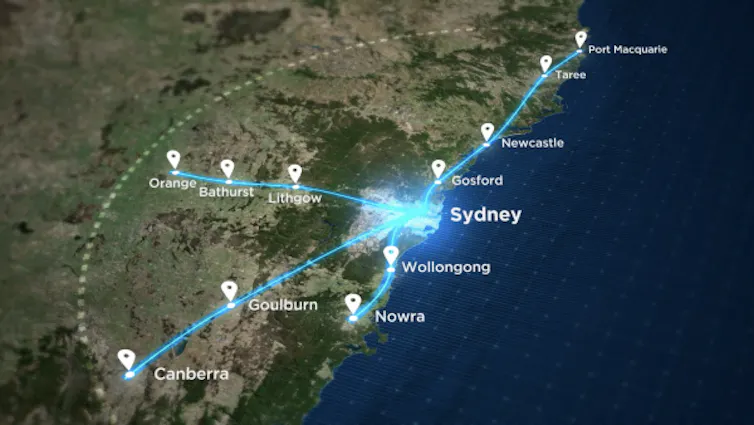 Map showing routes of four fast rail lines between Sydney and regional NSW