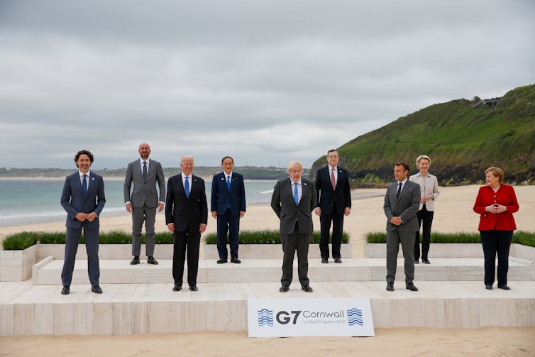 G7 leaders posing for a photo at the 2021 summit in Cornwall, England.
