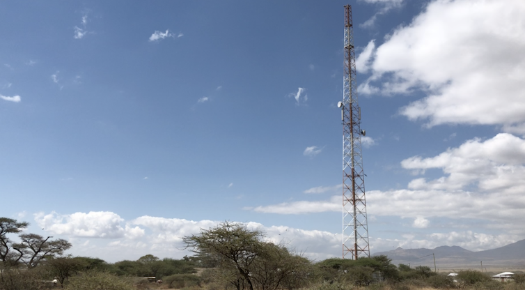 A metal tower rises far above trees and shrubs.