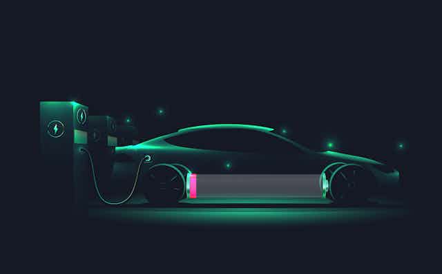A green silhouette of an electric car charging.