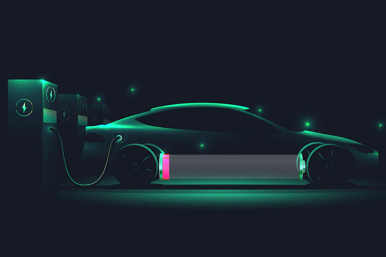 A green silhouette of an electric car charging.