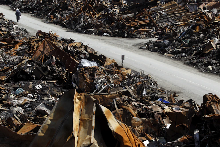 An elderly man walks through burnt debris.