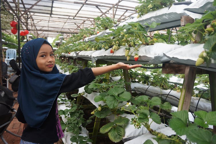 A young girl mimes holding a strawberry in her palm