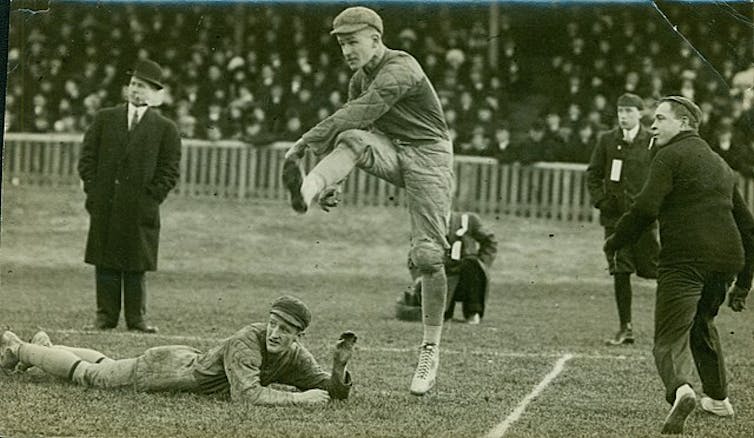 Archive photo of Jack Maynard kicking the winning field goal at the grey cup in 1910