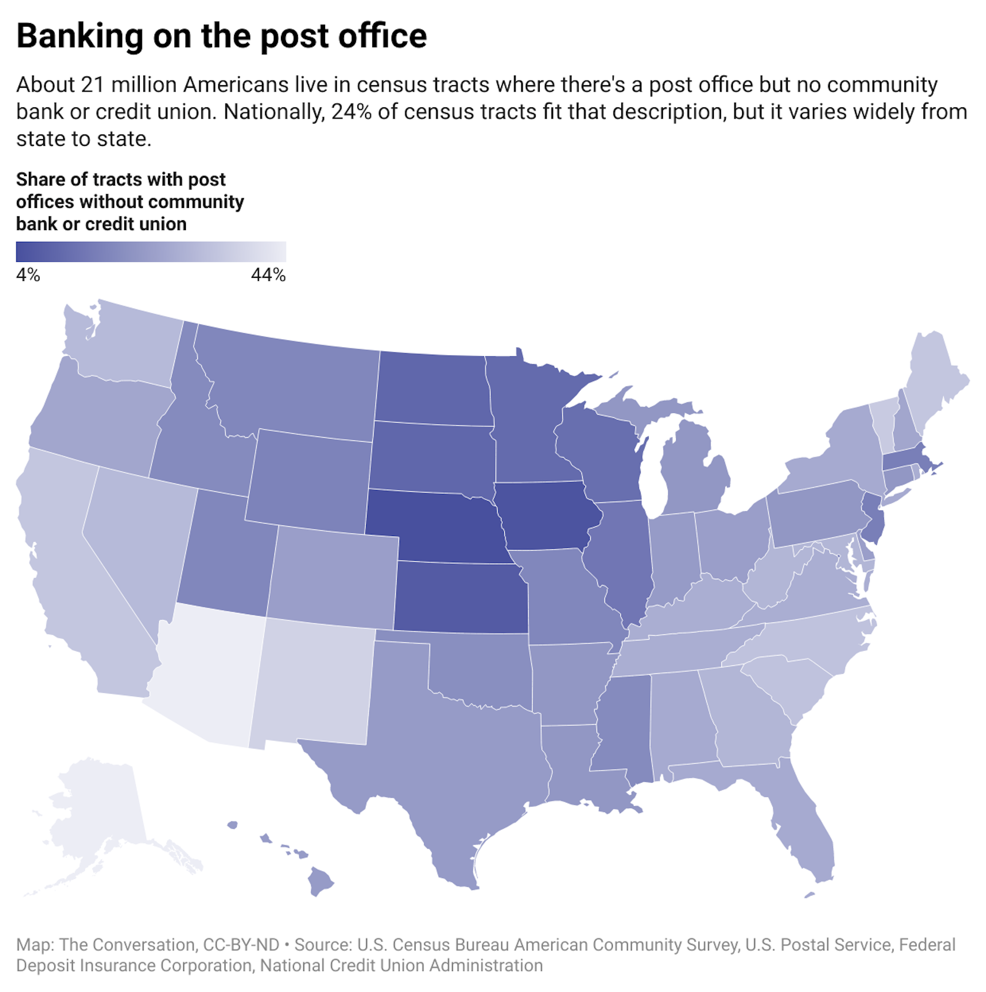 A map of the United States color coded according to the share of tracts with post offices without community bank or credit union.