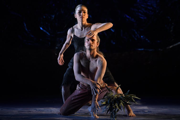 two contemporary dancers on stage