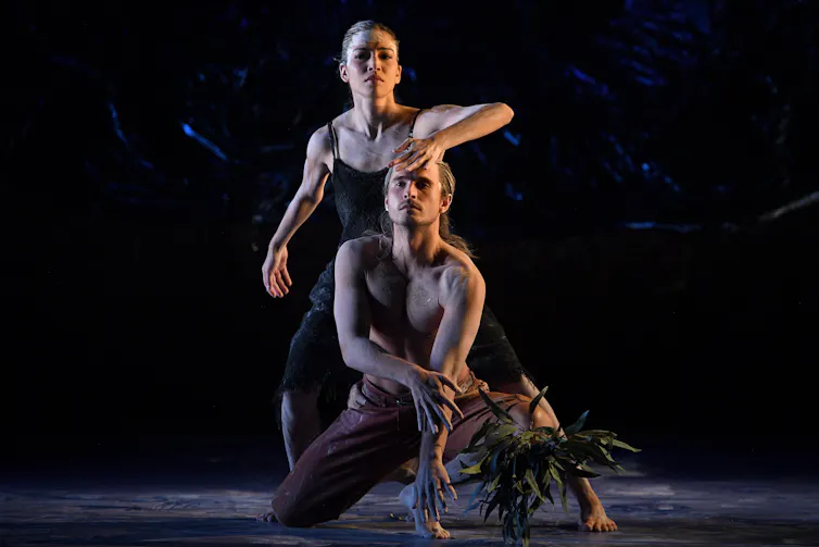 two contemporary dancers on stage