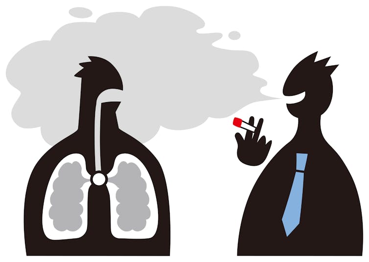 Cartoon of someone smoking and blowing their smoke into the lungs of another character whose lungs are shown.