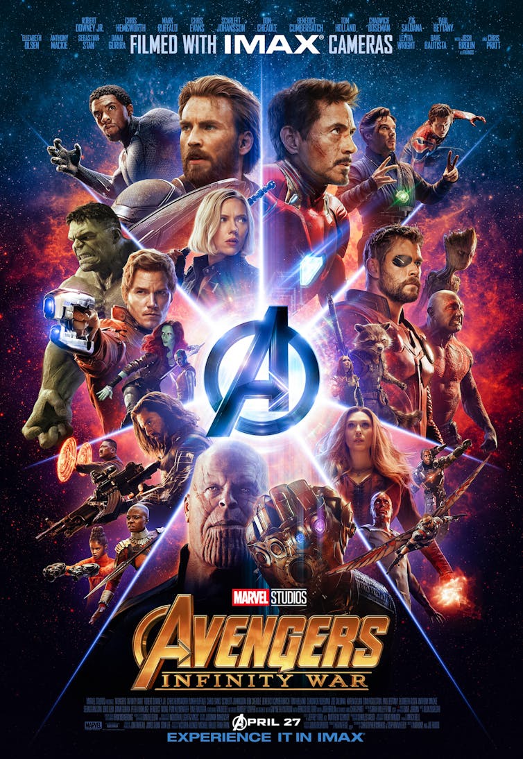 Marvel avengers IMAX movie poster with collage of Marvel Universe characters