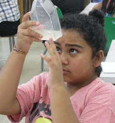 A young girl looks at a flask with larvae food in it.