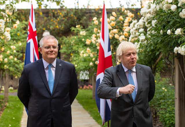 UK prime minister Boris Johnson with Australian prime minister Scott Morrison in the garden of 10 Downing Street.