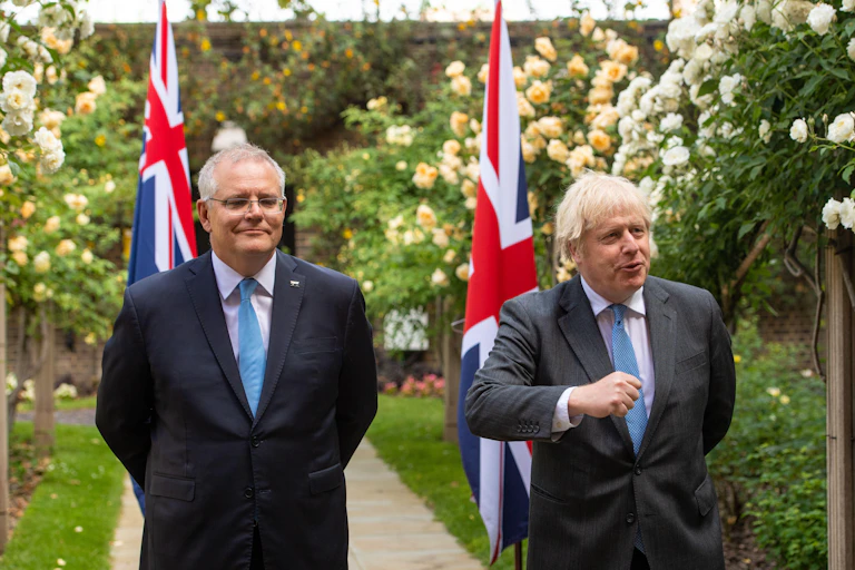 UK prime minister Boris Johnson with Australian prime minister Scott Morrison in the garden of 10 Downing Street.