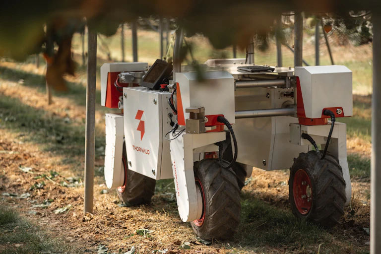 A robotic vehicle in a field