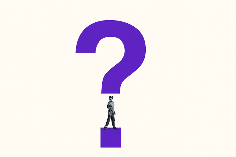 A woman looks over her shoulder with a question mark superimposed over her.