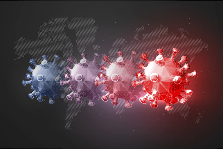 Illustration of coronaviruses against a world map