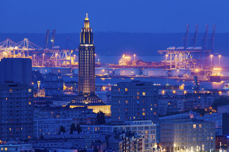 A port city with buildings in the foreground
