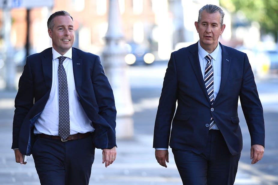 Newly confirmed Northern Ireland  first minister Paul Given walking alongside the then leader of the Democratic Unionist Party, Edwin Poots in Dublin, Ireland June 3, 2021.