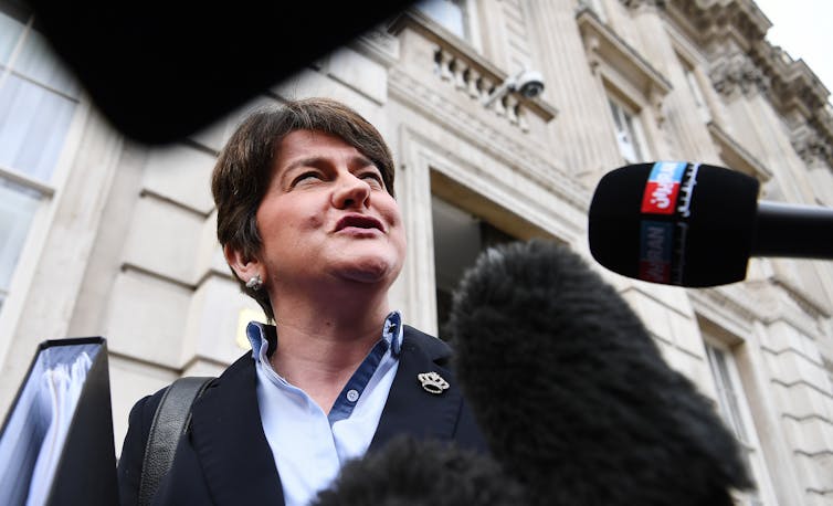 Former DUP leader and Northern Ireland first minister Arlene Foster answering questions from journalists.
