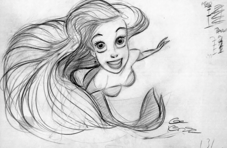 A neat sketch of Ariel the mermaid, body foreshortened, swimming towards the viewer