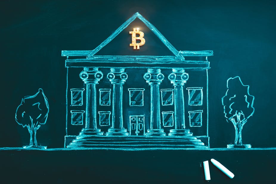 Drawing of a bank with a bitcoin sign above it