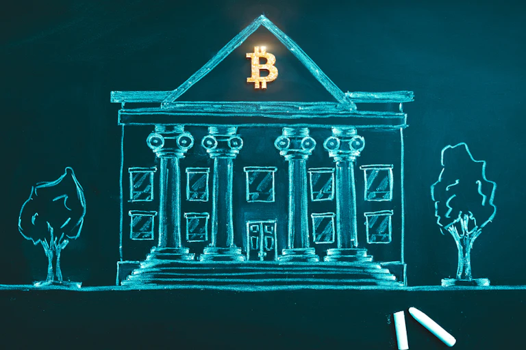 Drawing of a bank with a bitcoin sign above it