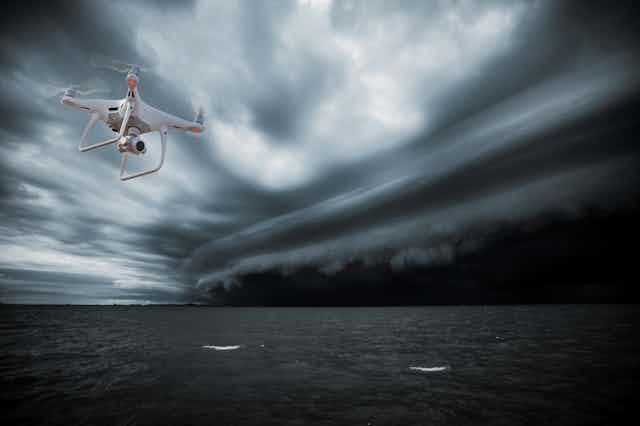 A drone flies in stormy skies
