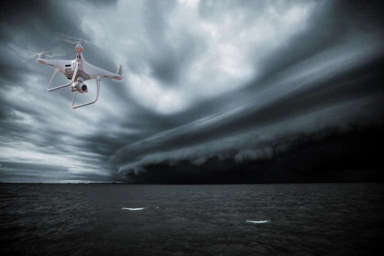 A drone flies in stormy skies