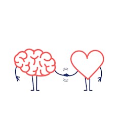 A cartoon of a brain shaking hands with a heart.