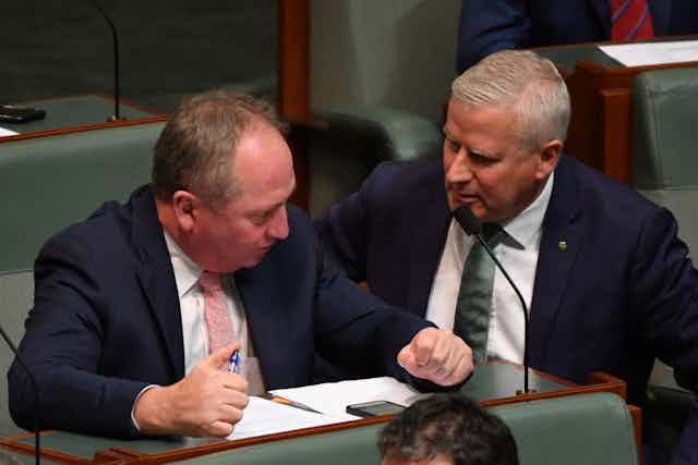 Barnaby Joyce speaks to Michael McCormack in parliament in May 2021.