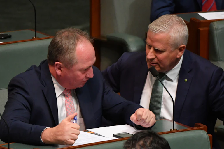 Barnaby Joyce speaks to Michael McCormack in parliament in May 2021.