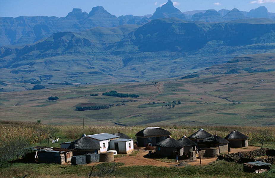 A homestead of mainly thatch-roofed rondavels in rural KwaZulu-Natal