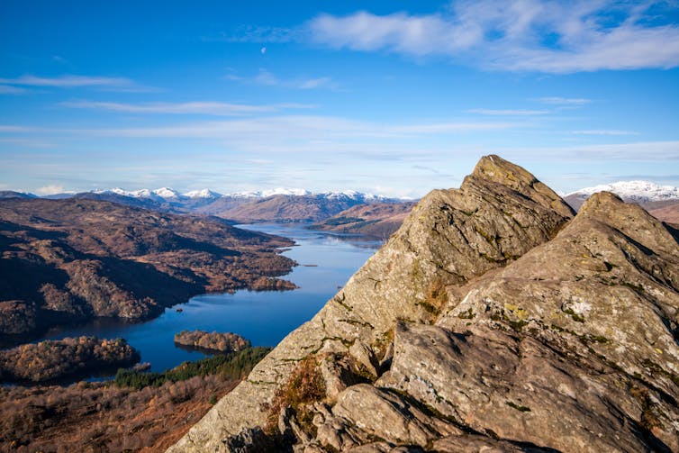 Stunning winter view of Loch Katrine in the Trossachs from the summit of Ben A'an